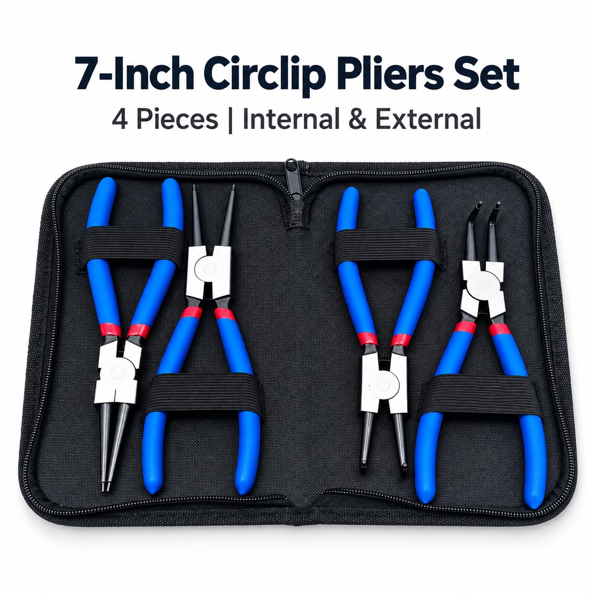 7-inch four-piece circlip pliers set with internal and external tools in a zippered fabric case