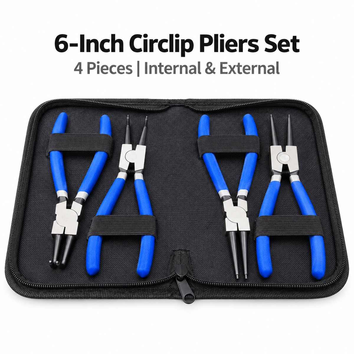 6-inch four-piece circlip pliers set with internal and external tools in a zippered fabric case