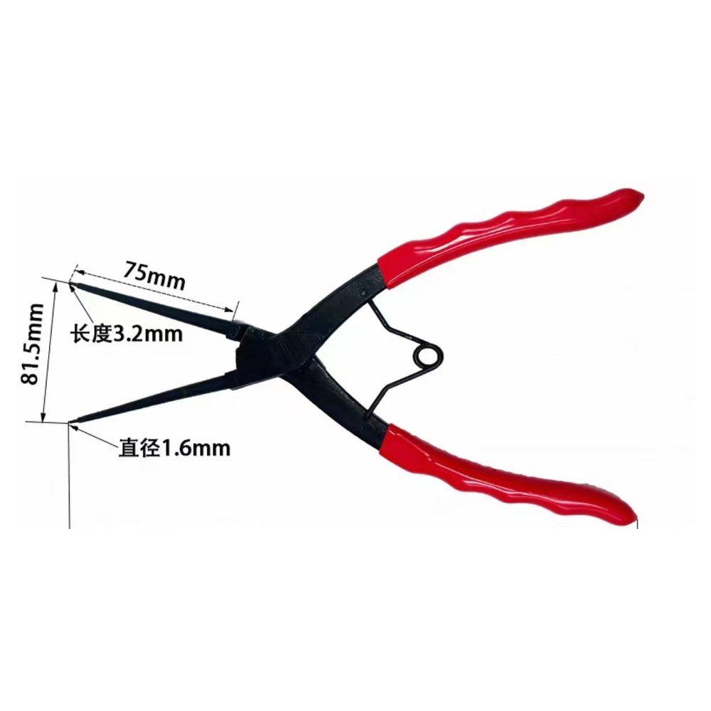 Straight-tip long reach circlip pliers with extended black jaws and red handles
