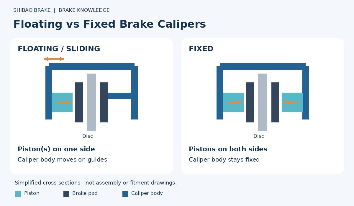 Floating or sliding caliper with pistons on one side and fixed caliper with pistons on both sides, Shibao Brake knowledge diagram