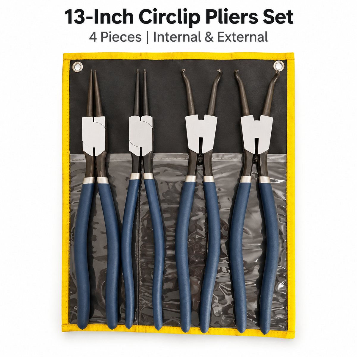 13-inch four-piece circlip pliers set with internal and external tools in a fabric pouch with a transparent front
