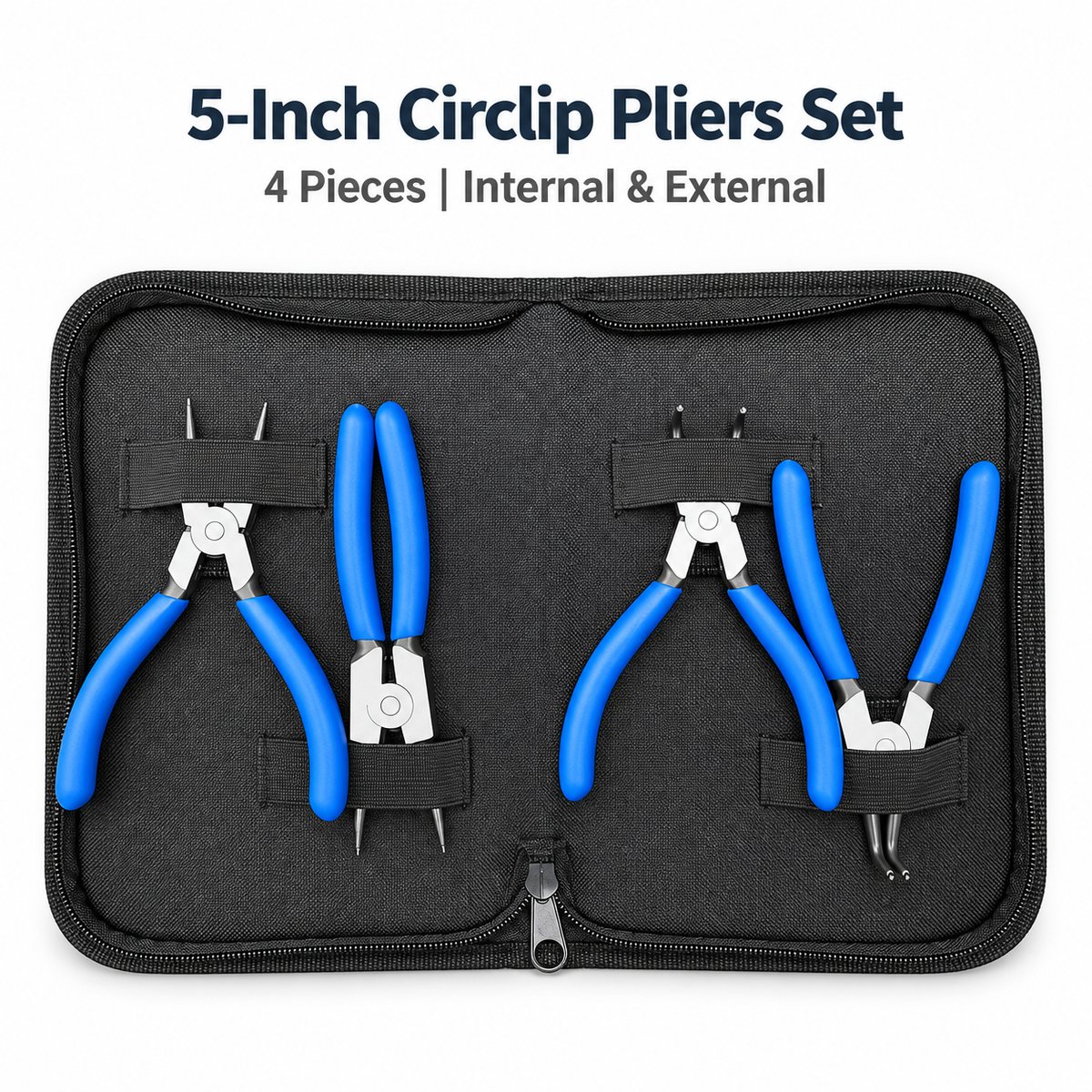 5-inch four-piece circlip pliers set with internal and external tools in a zippered fabric case