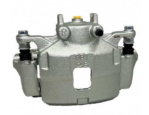 Brake caliper assembly with silver housing and protective rubber boots
