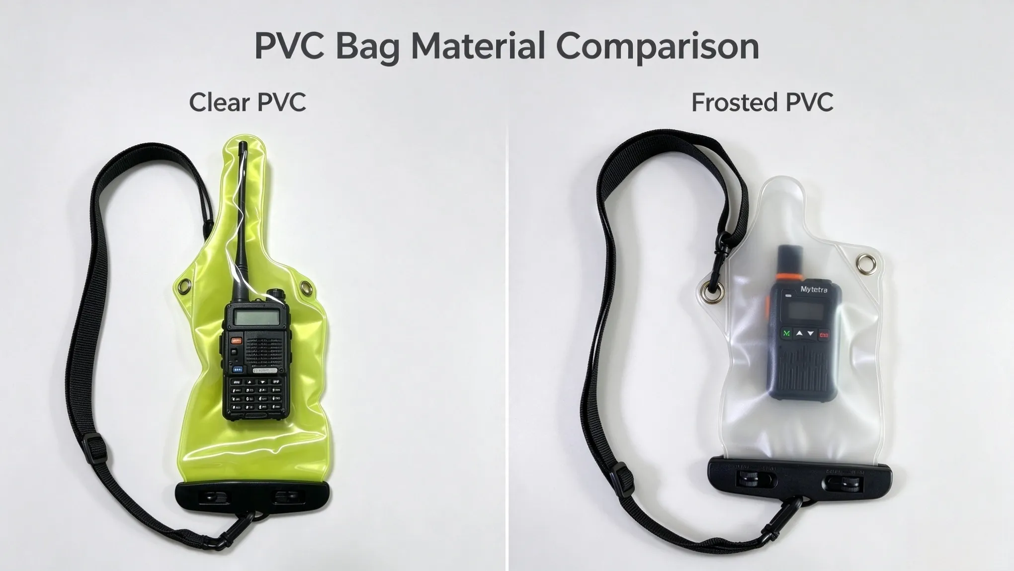 Transparent and frosted PVC bags side by side on a factory workbench