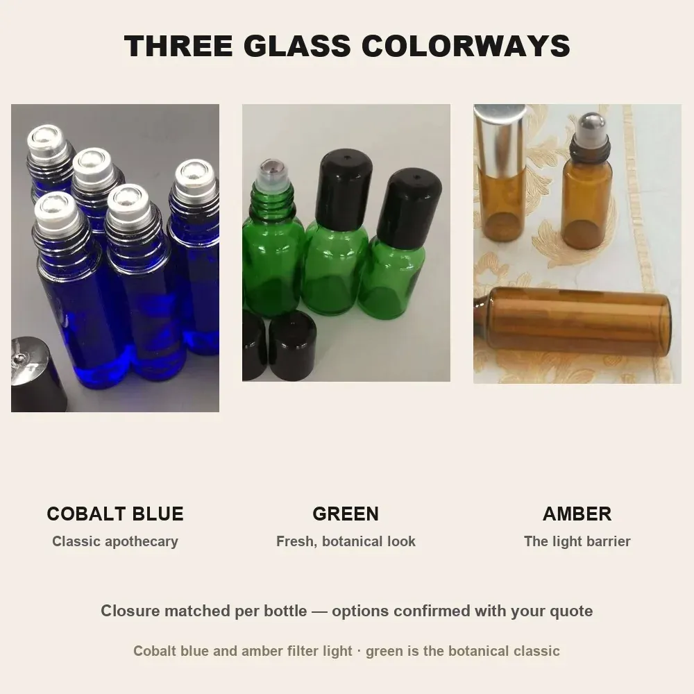 Three glass colorways: cobalt blue, green and amber roll-on bottles