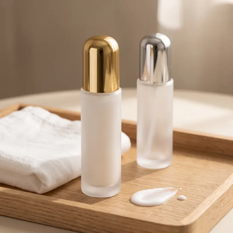 Frosted glass lotion bottles with gold and silver dome overcaps on an oak vanity tray with a folded linen towel and a white lotion swatch