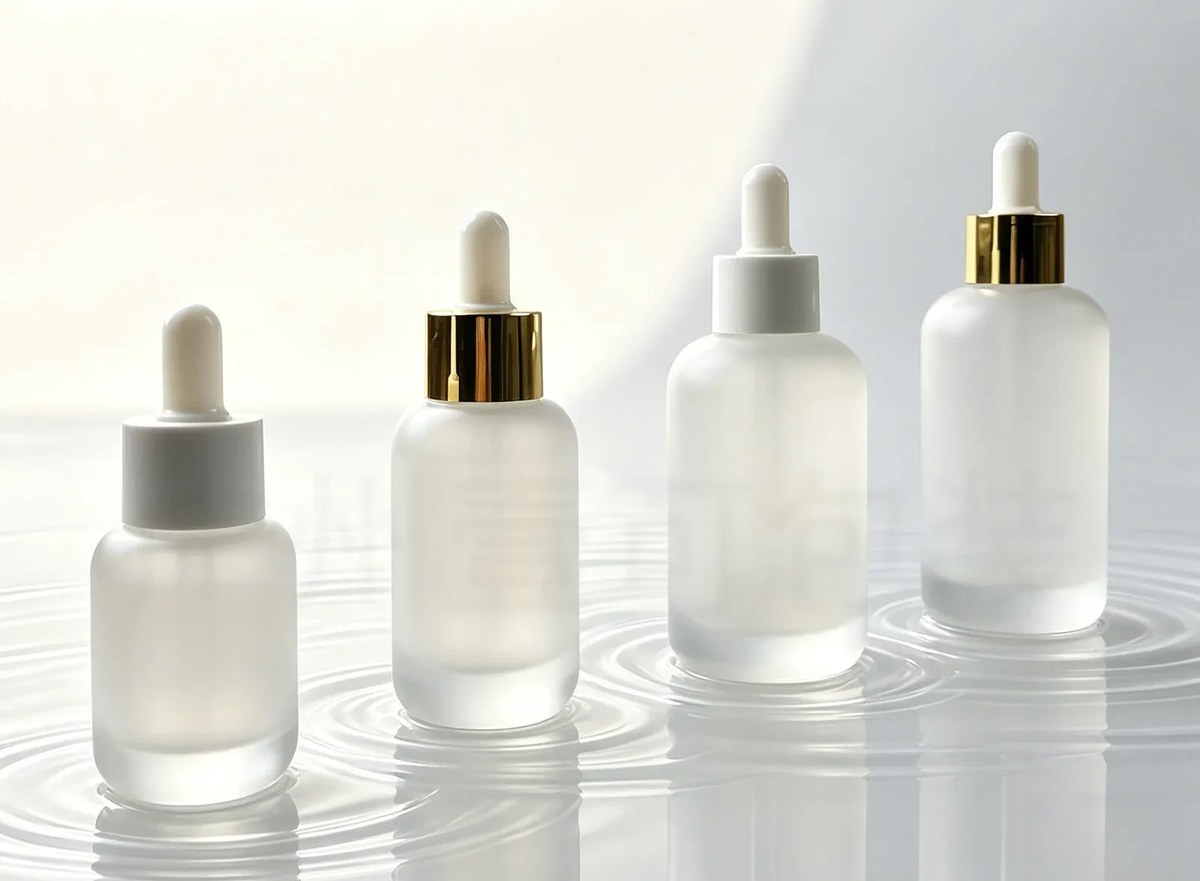 Four round-shoulder glass dropper bottles in frosted and clear finishes standing in shallow water