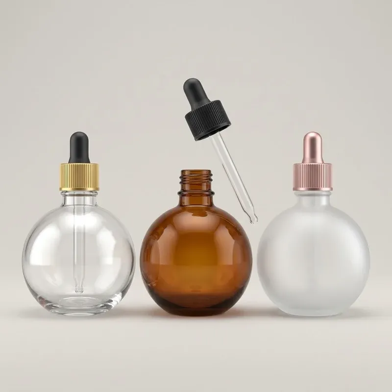 Spherical dropper bottle family in clear, amber and frosted white with gold, black and rose-gold caps