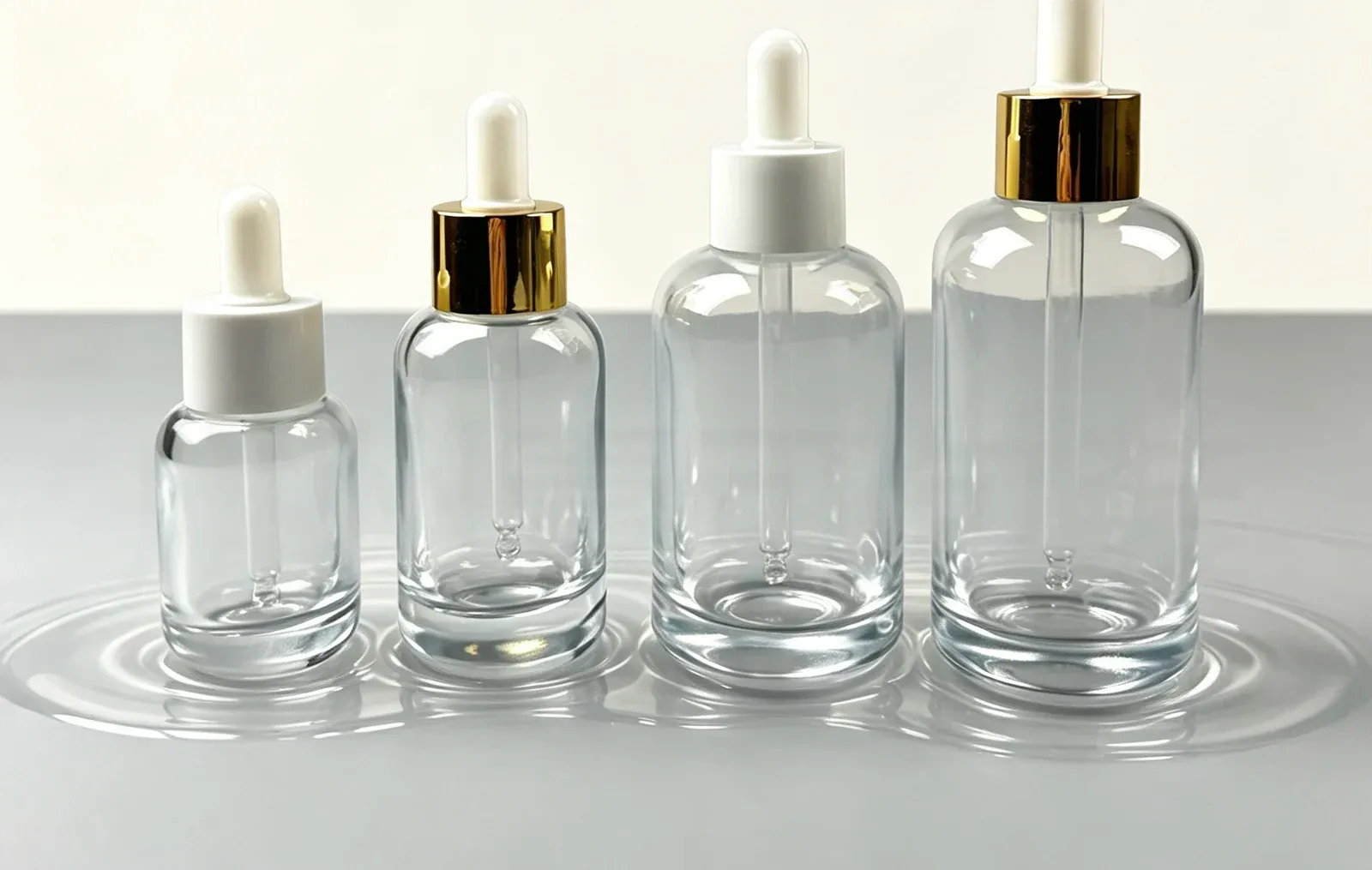 Lineup of clear round-shoulder glass serum bottles with white and gold dropper assemblies