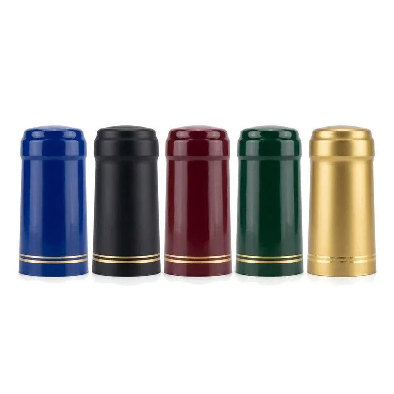 PVC shrink capsules in royal blue black burgundy forest green and metallic gold with gold rings, Pantone matched custom colors