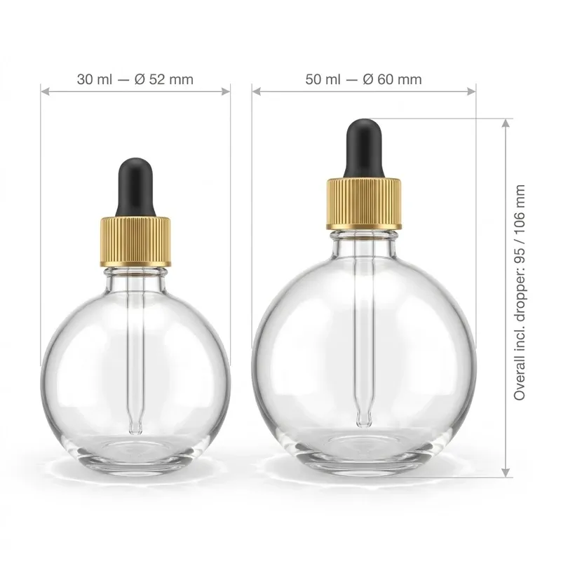 Size chart of 30 ml and 50 ml spherical dropper bottles with ball diameters and overall heights