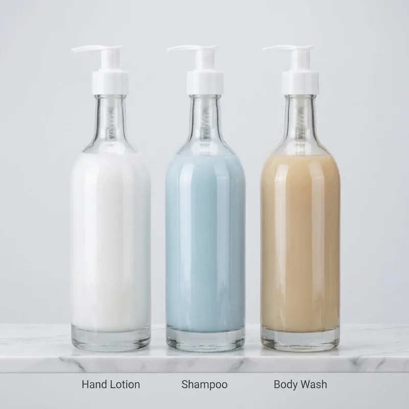 Three glass pump bottles filled with hand lotion, shampoo and body wash on a marble shelf
