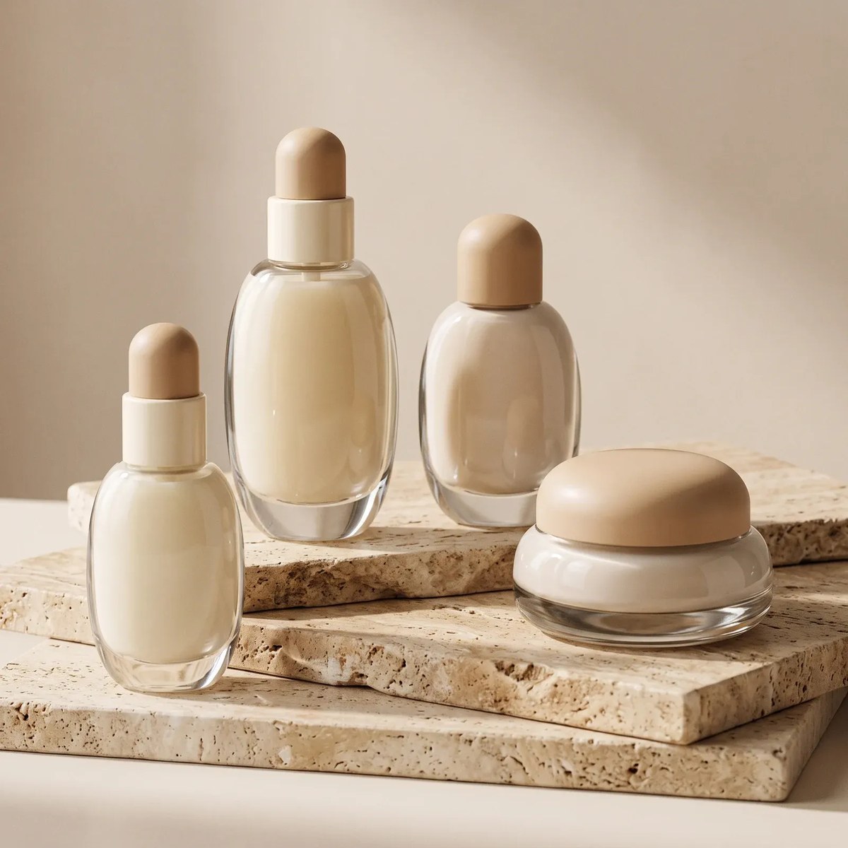 Pebble-shaped thick-wall glass bottles with sand-tone dome caps and a flat pebble cream jar on travertine slabs