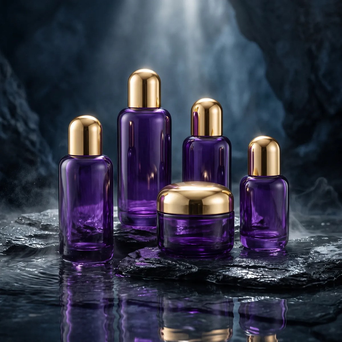 Violet glass bottles with gold dome caps and a matching violet cream jar on dark wet slate with a beam of light