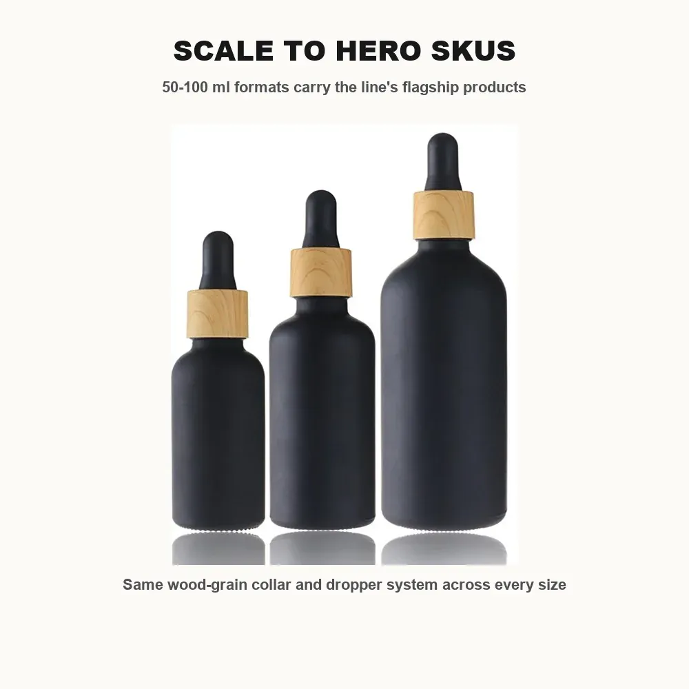 50-100 ml black glass dropper bottles for flagship products with the same wood-grain collar
