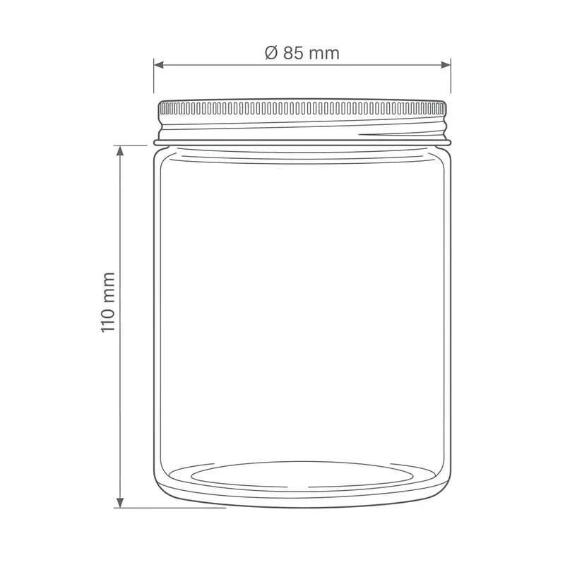 Technical diagram of a 500 ml glass storage jar: the 110 mm dimension measures the glass body only (lid excluded), diameter 85 mm