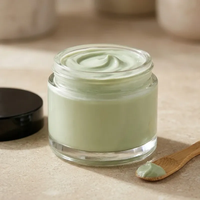 Squat clear glass jar filled with pale-green face mask cream beside black cap and bamboo spatula