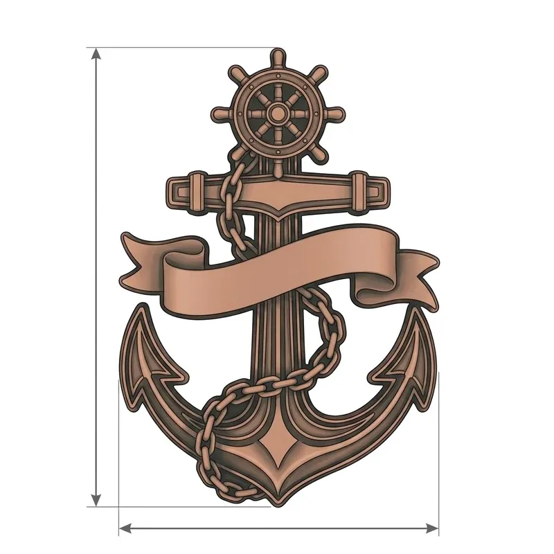 Technical illustration of a custom anchor-shaped challenge coin with plain dimension lines indicating overall height and width; size made to order