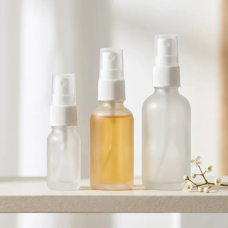 Three frosted glass spray bottles with white pumps on a pale beauty shelf, one filled with golden liquid