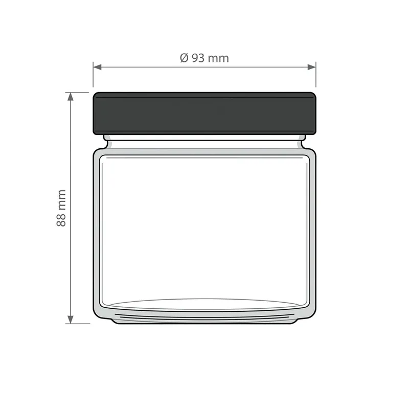 Technical diagram of the 360 ml glass tea jar: 88 mm overall height including the cap and 93 mm diameter