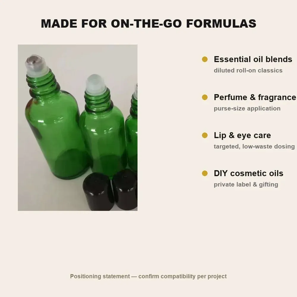 Green glass roll-on bottles for essential oils, perfume, lip and eye care