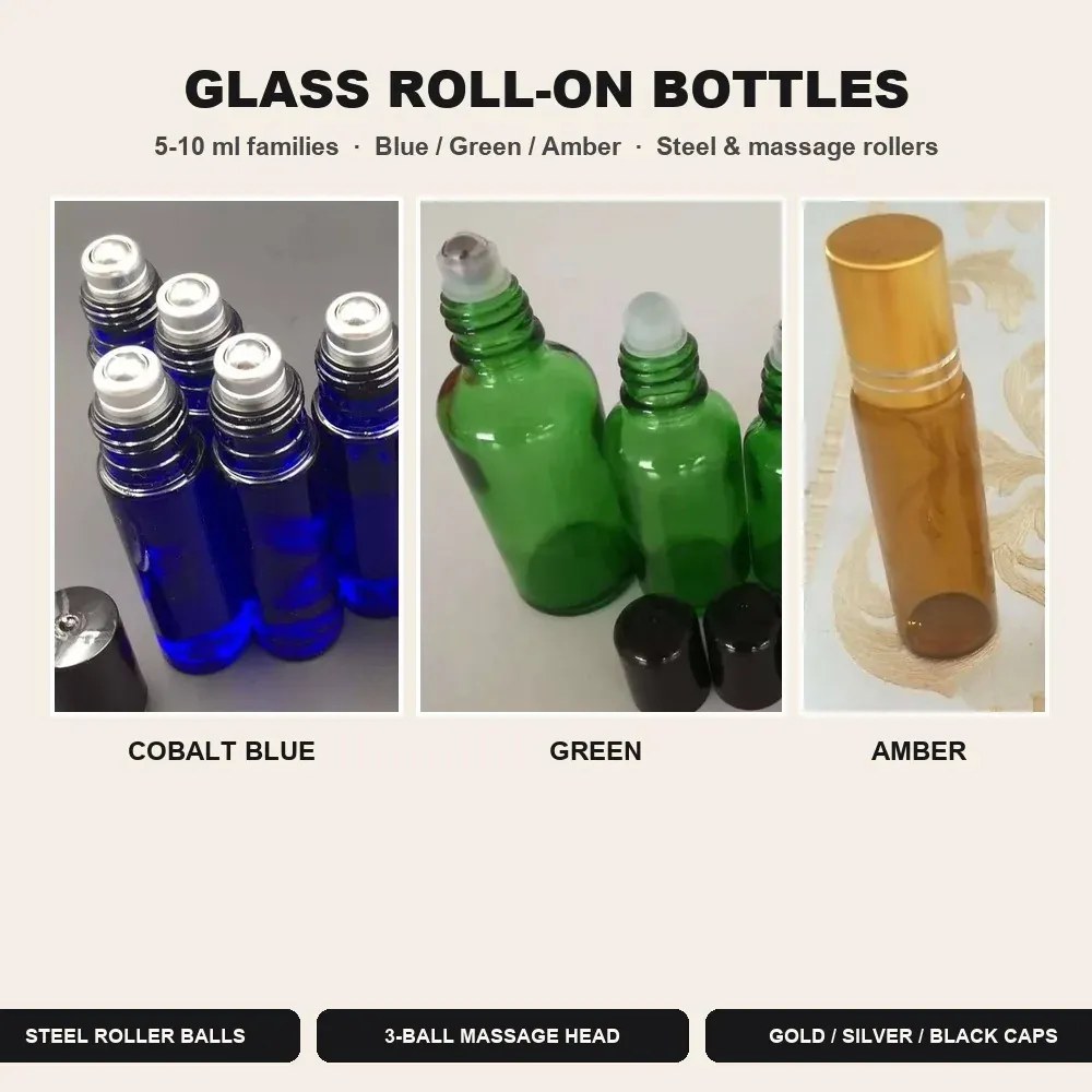 Glass roll-on bottles wholesale in cobalt blue, green and amber triptych