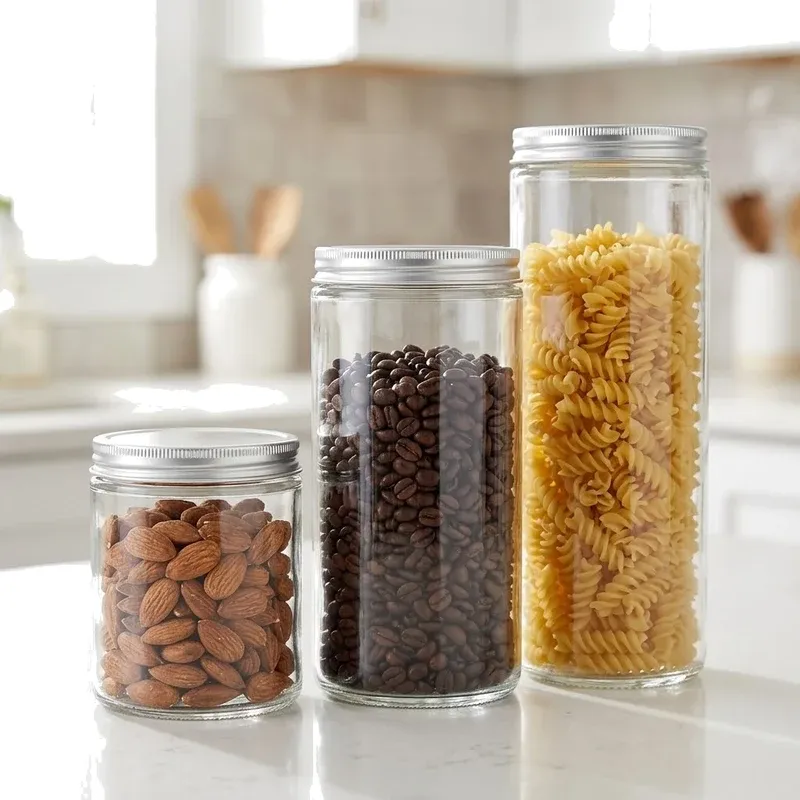 Three glass storage jars on a kitchen counter filled with pasta, coffee beans and almonds