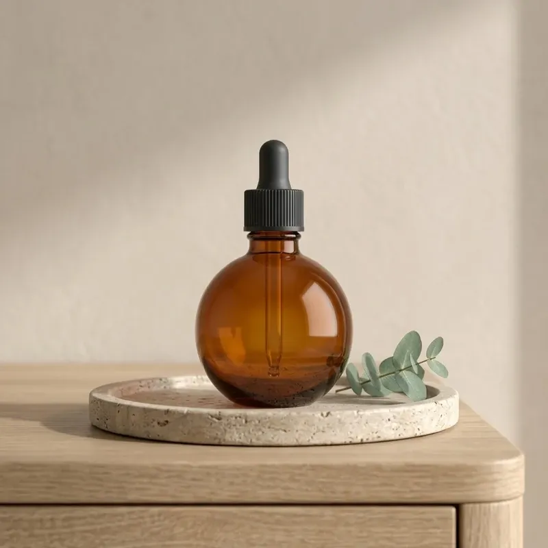 Amber spherical hair oil dropper bottle on a travertine tray with eucalyptus