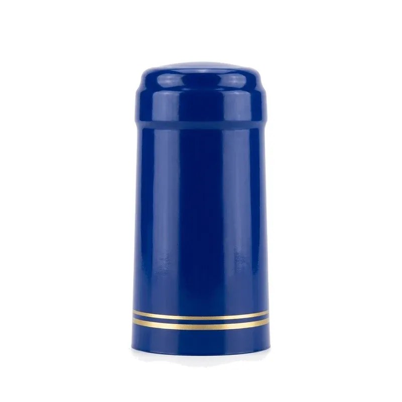 Royal blue 30mm PVC heat shrink capsule for wine bottles with double gold ring detail on white background