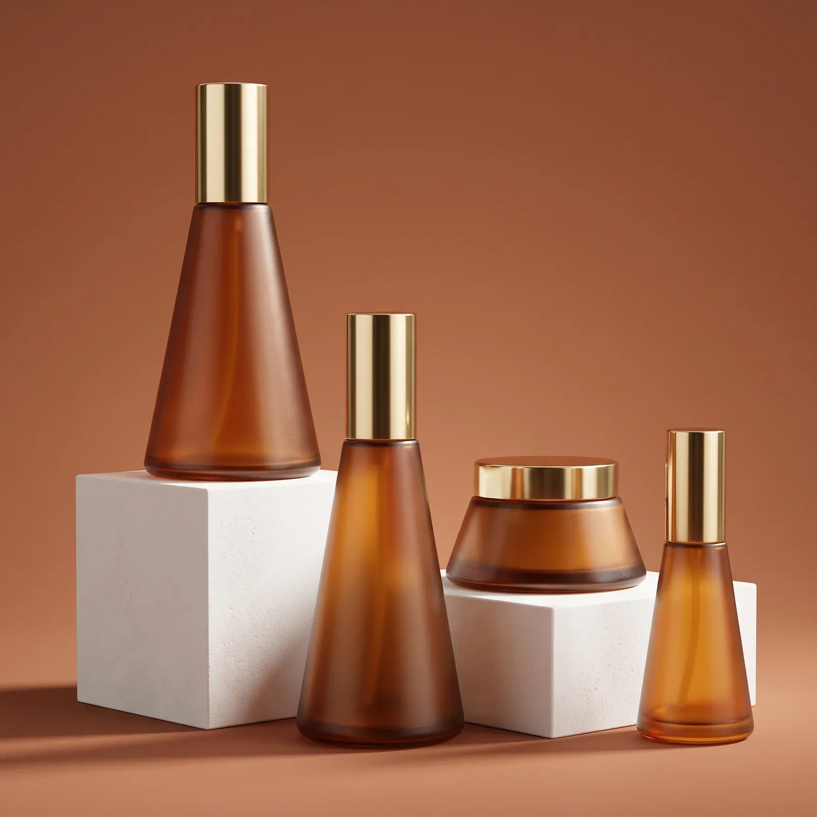 Amber conical glass bottles with gold cylindrical caps and a matching conical cream jar on white podiums, terracotta background