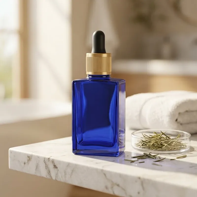Cobalt blue square hair oil dropper bottle on a marble vanity shelf with rosemary