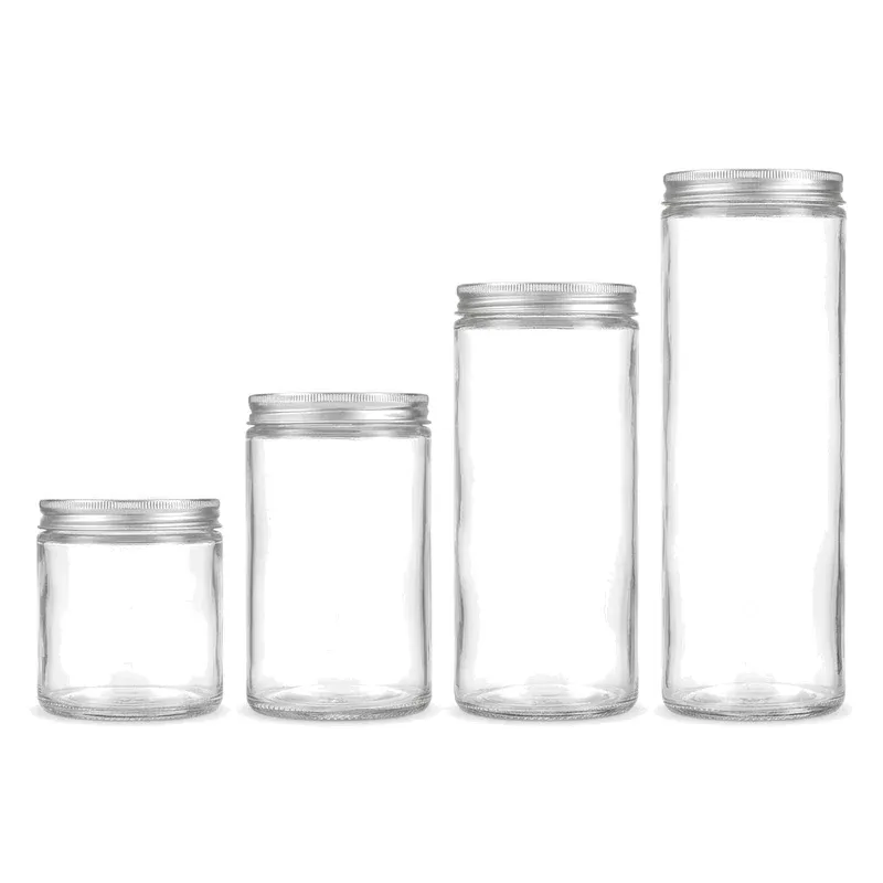 Four clear glass storage jars of increasing height with silver metal screw lids, size family lineup