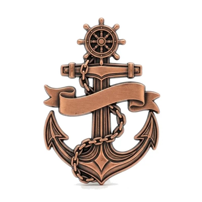 Antique copper challenge coin in anchor shape with ship's wheel, blank ribbon banner and hanging chain on white background