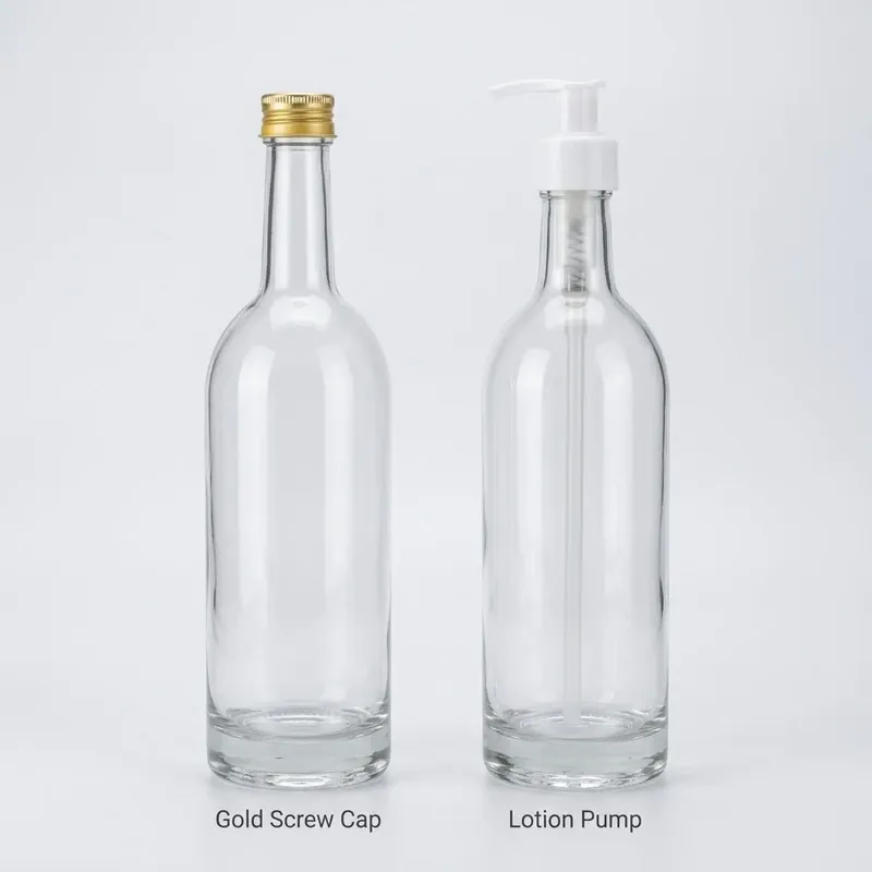 Two 750 ml glass bottles showing closure options: gold aluminum screw cap and white lotion pump