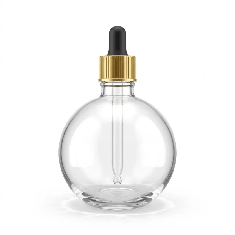Clear spherical glass dropper bottle with gold aluminum dropper cap on white background