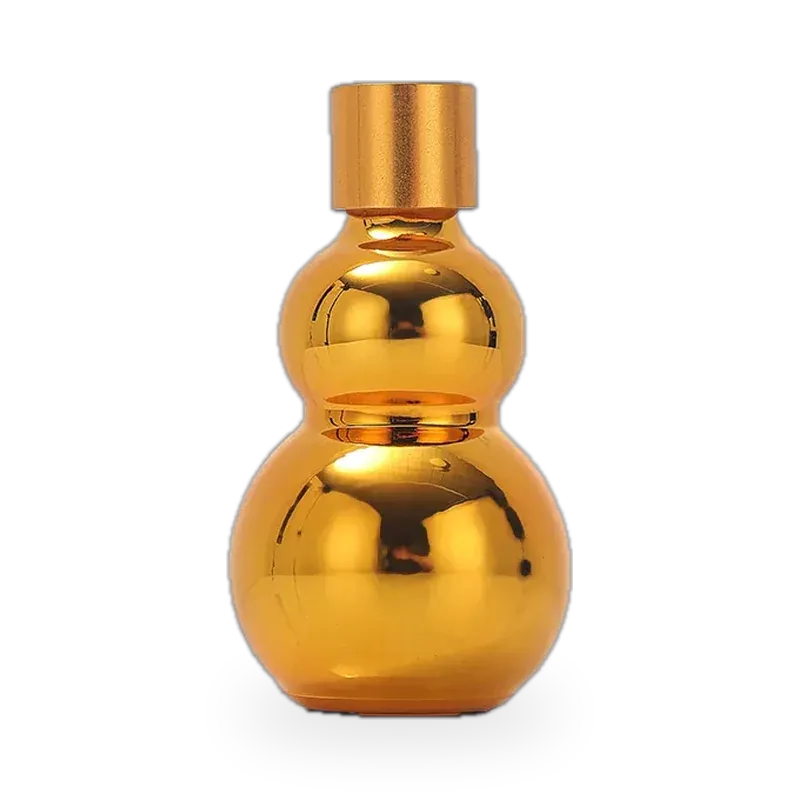 Gold double gourd glass essential oil bottle with flat gold screw cap