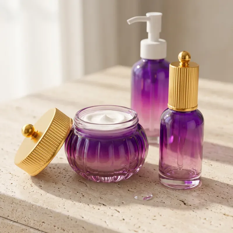 Open purple gradient glass cream jar filled with white face cream beside a gold fluted-cap serum bottle and a white pump bottle on a travertine vanity