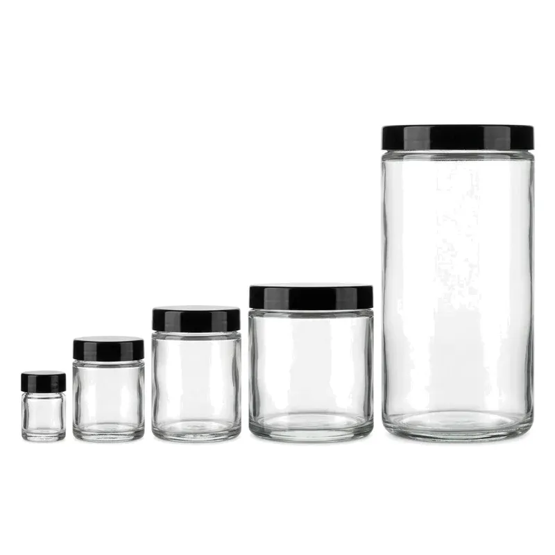 Five clear glass tea jars of increasing height with black screw caps, 30 ml to 1000 ml family lineup