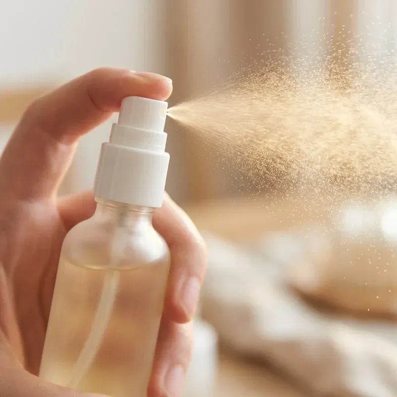 Close-up of a frosted glass spray bottle releasing a fine even mist from its white pump