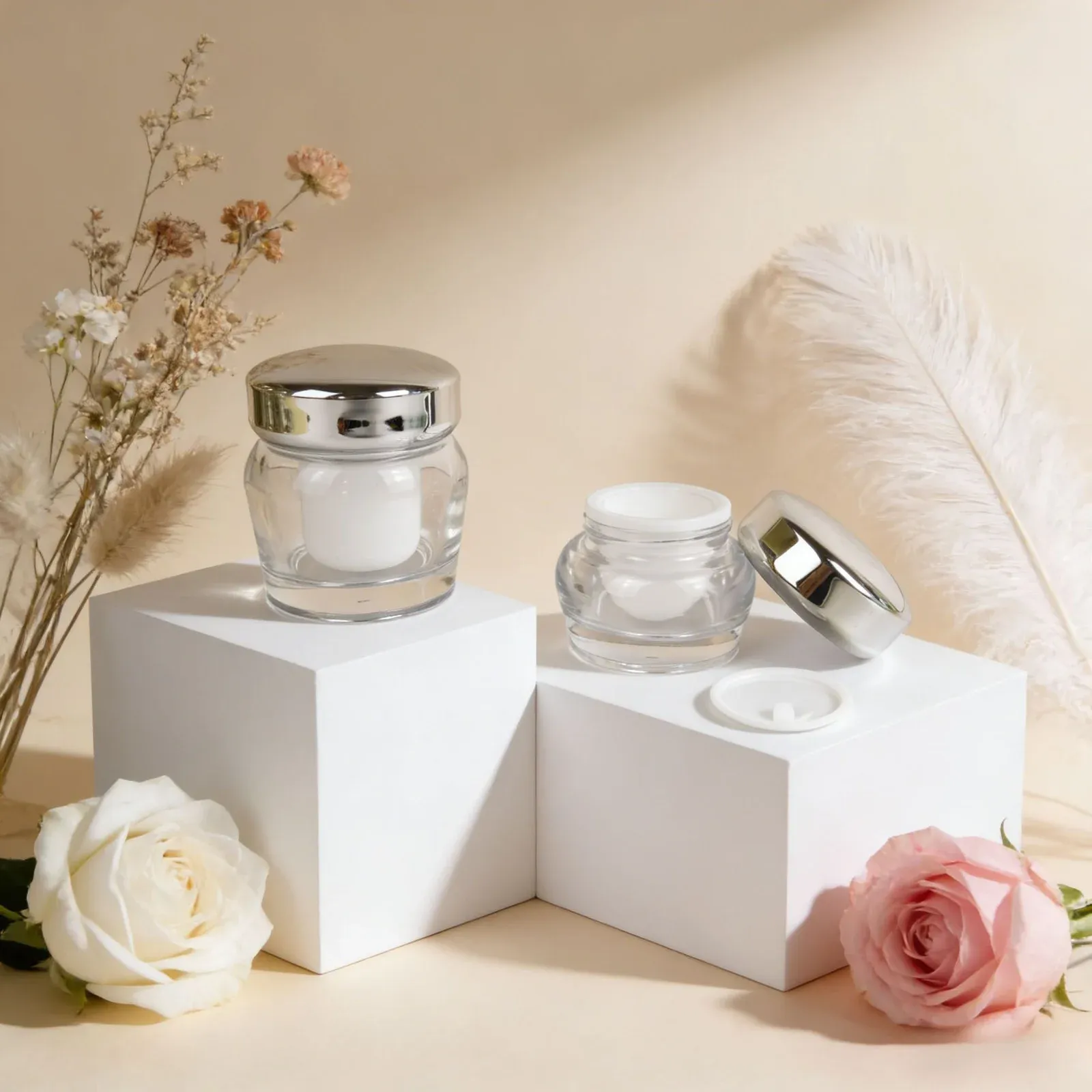 Clear glass jar with silver lid beside an open jar showing its white inner lid
