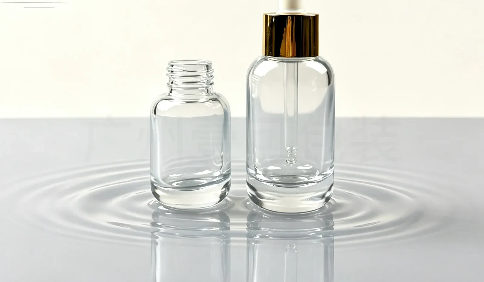 Open round-shoulder glass bottle with screw thread beside an assembled glass dropper bottle