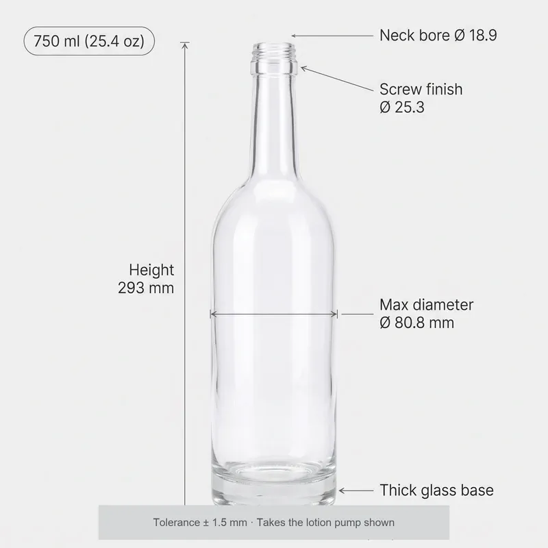 Parameter diagram of the 750 ml glass lotion bottle: height 293 mm, max diameter 80.8 mm