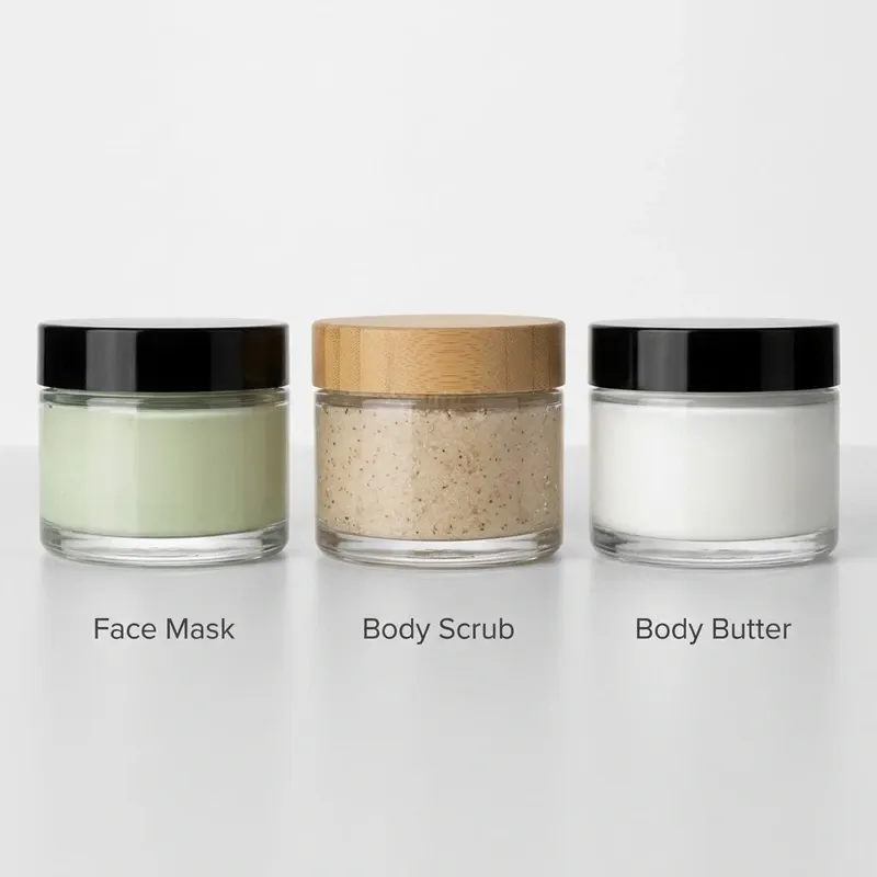 Product line of three glass jars: face mask, body scrub and body butter with unified look