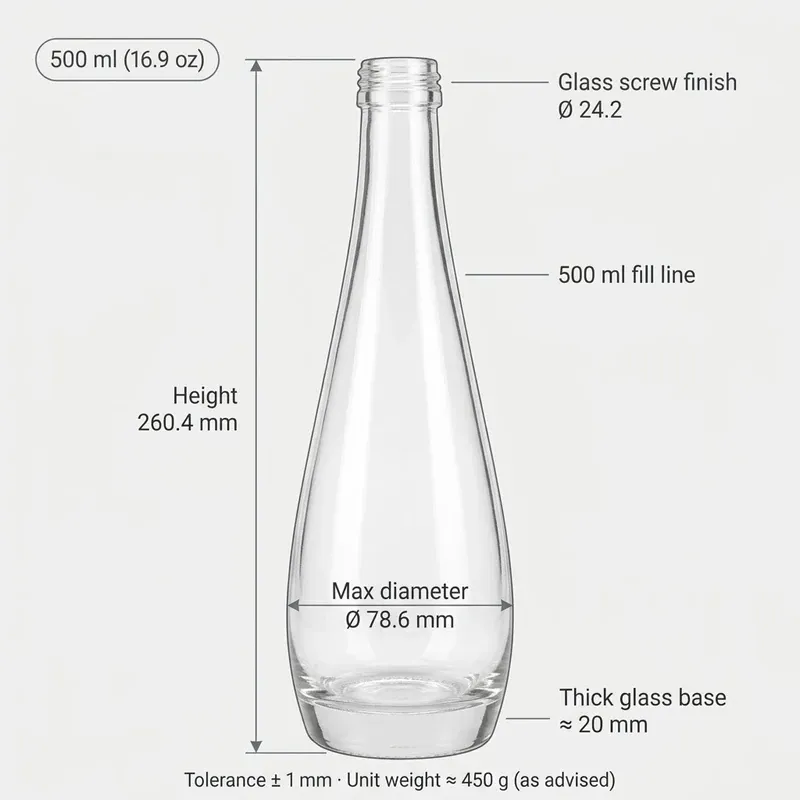 Parameter diagram of the 500 ml teardrop glass bottle: height 260.4 mm, diameter 78.6 mm