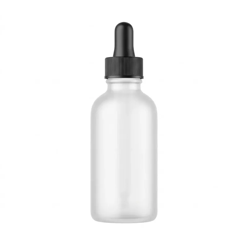 Frosted white cylindrical glass dropper bottle with matte black aluminum dropper cap on white background