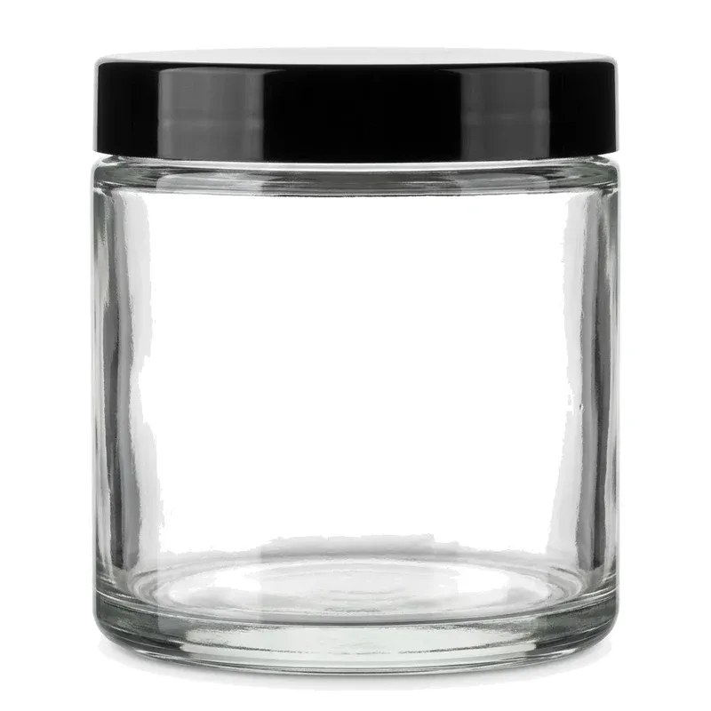 Squat 360 ml clear glass tea jar with flat black screw cap, thick-walled plain glass on white background