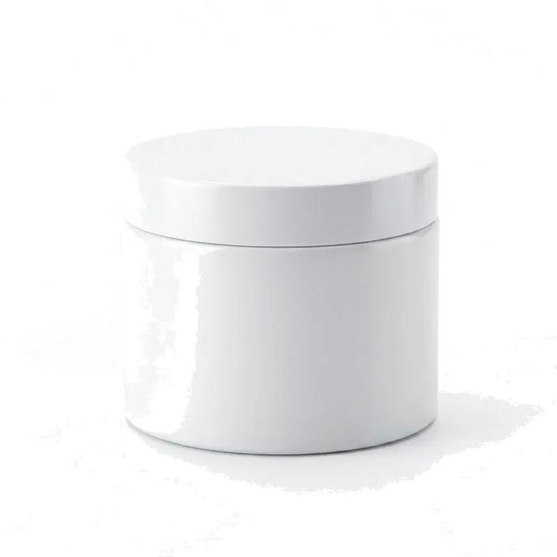 Squat wide-mouth 300 ml glass face mask jar with matching white PP lid, plain unprinted, on white background