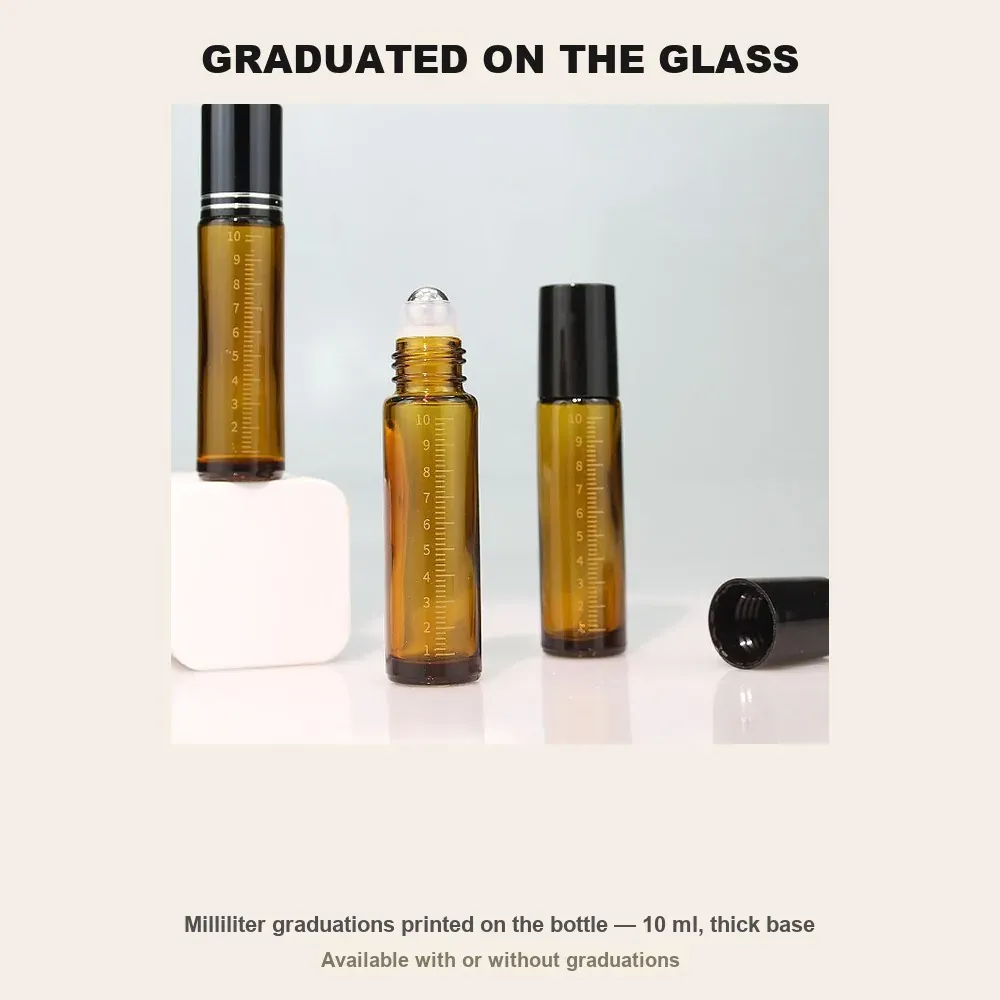 Milliliter graduations printed on the 10 ml amber glass roll-on bottle with thick base, available with or without graduations