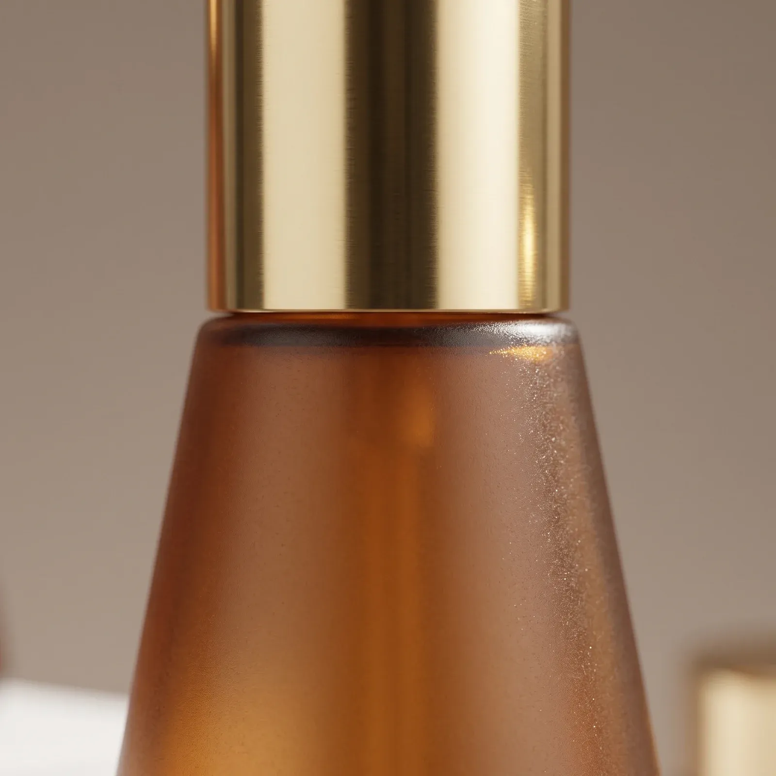 Macro detail of a polished gold cylindrical cap on an amber conical glass bottle