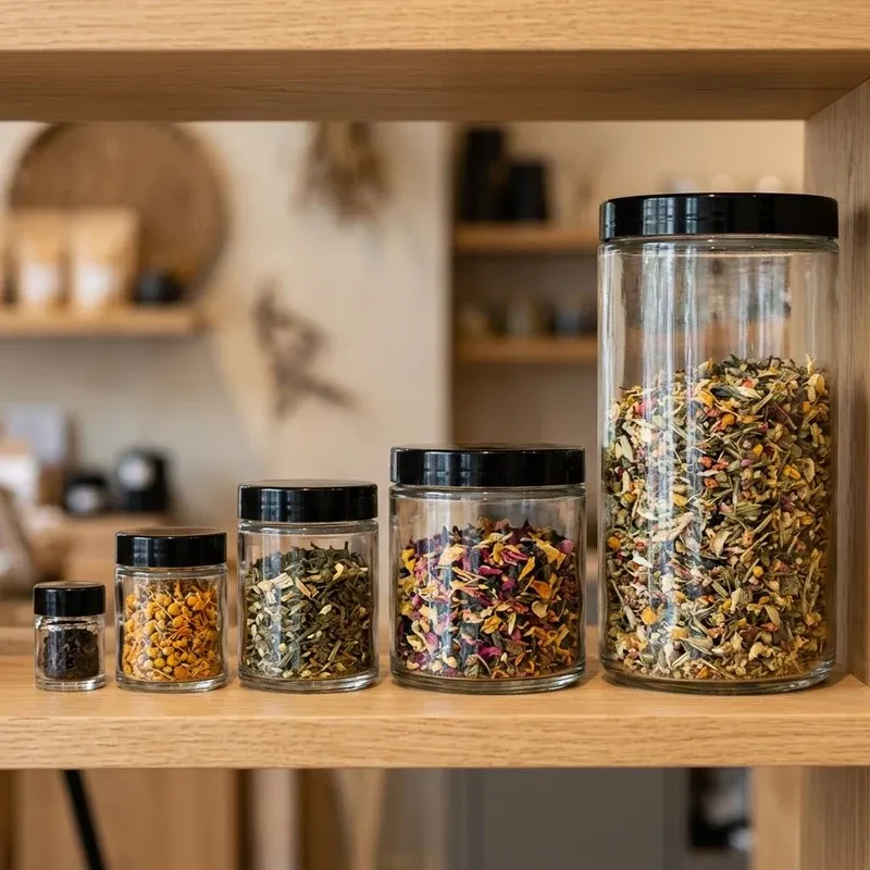 Row of black-cap glass tea jars filled with different loose teas on an oak shelf in a tea shop